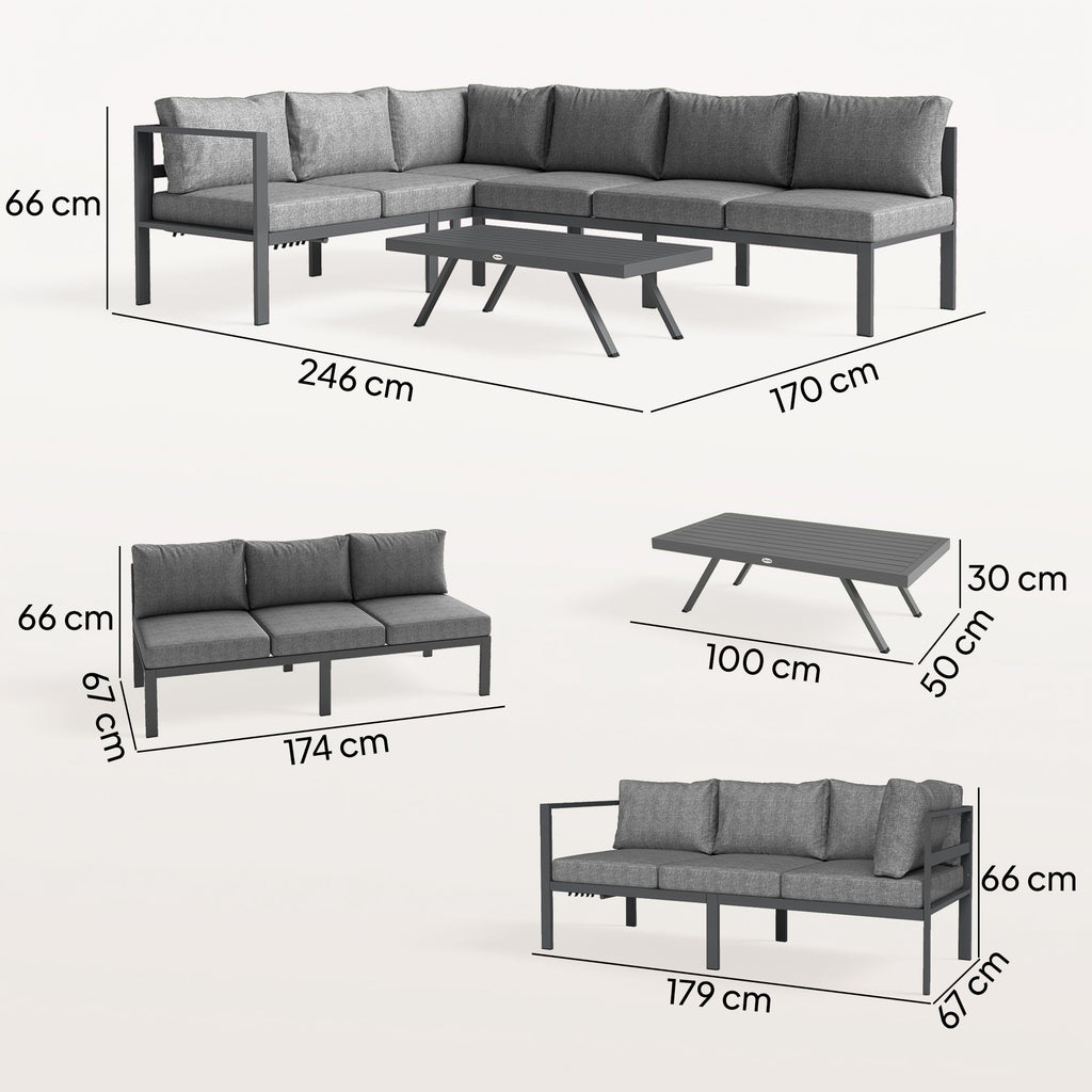 Outsunny 3 Pieces Garden Furniture Set, Aluminium Corner Lounge Set with Adjustable Backrest and Coffee Table