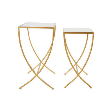 Set of 2 Mirrored Glass Top Rectangular Side Tables with Gold Metal Frame, Avantis