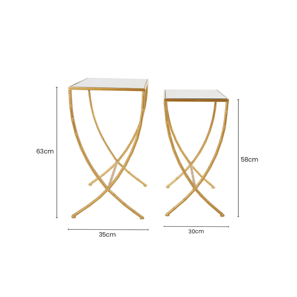 Set of 2 Mirrored Glass Top Rectangular Side Tables with Gold Metal Frame, Avantis