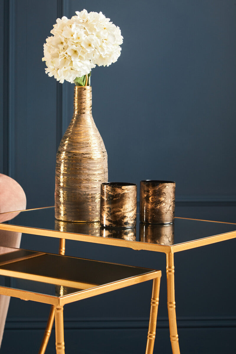 Set of 2 Mirrored Glass Top Rectangular Side Tables with Gold Metal Frame, Avantis