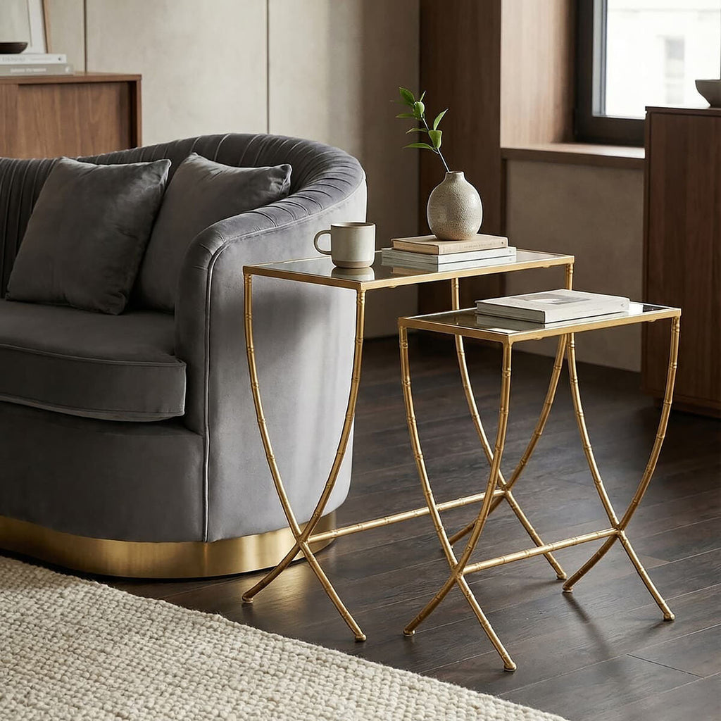 Set of 2 Mirrored Glass Top Rectangular Side Tables with Gold Metal Frame, Avantis