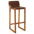 A Kendari Brown Leather Bar Chair with Teak Wood Frame