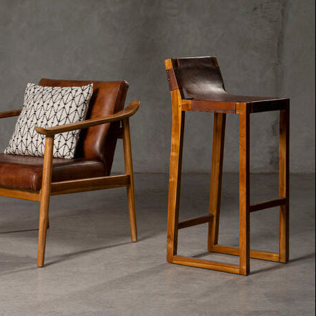 A Kendari Brown Leather Bar Chair with Teak Wood Frame