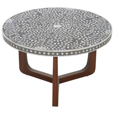 Black and White Mother of Pearl Design Top Round Coffee Table with Wood Base, Fusion