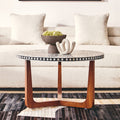 Black and White Mother of Pearl Design Top Round Coffee Table with Wood Base, Fusion