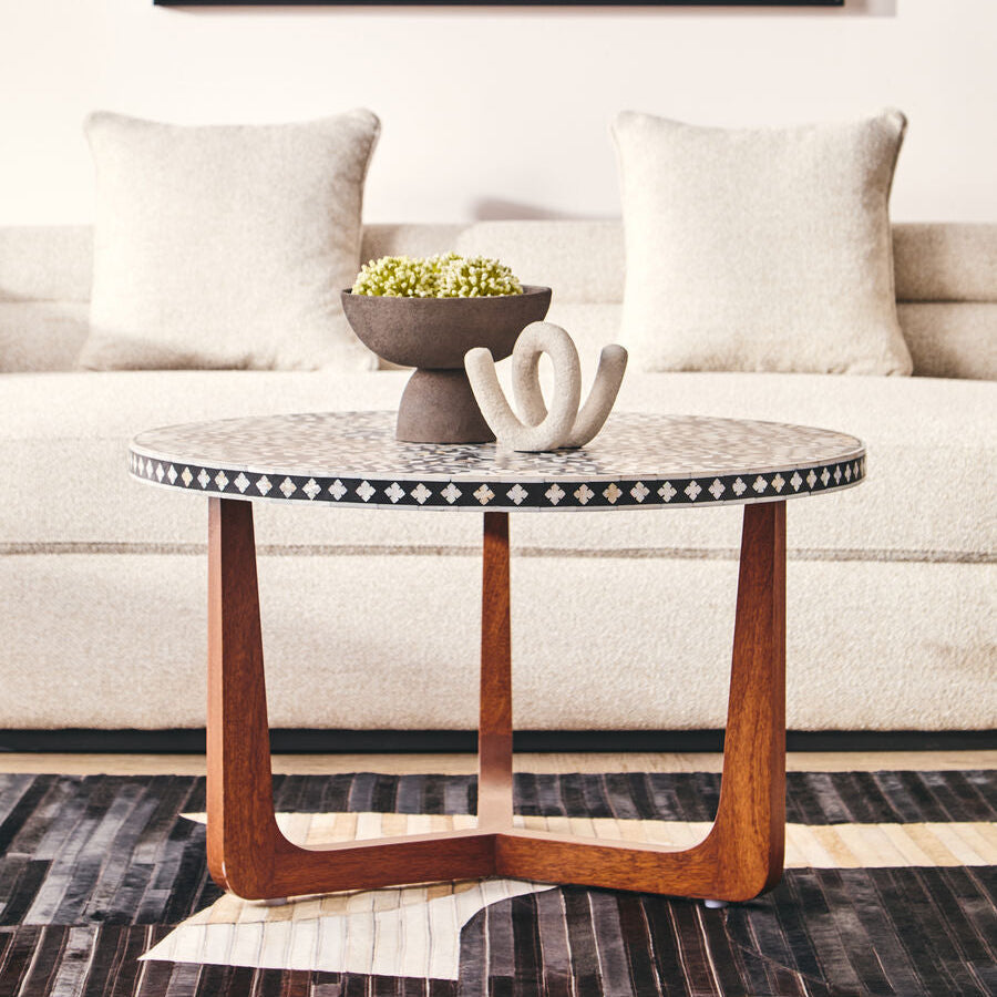 Black and White Mother of Pearl Design Top Round Coffee Table with Wood Base, Fusion