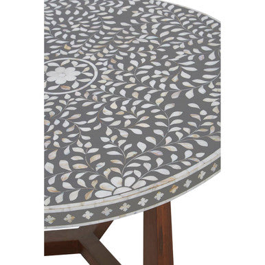 Black and White Mother of Pearl Design Top Round Coffee Table with Wood Base, Fusion