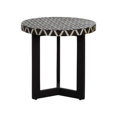 Black and White Top Bone Inlay Side Table with Black 3 Cross-Leg Base, Boho