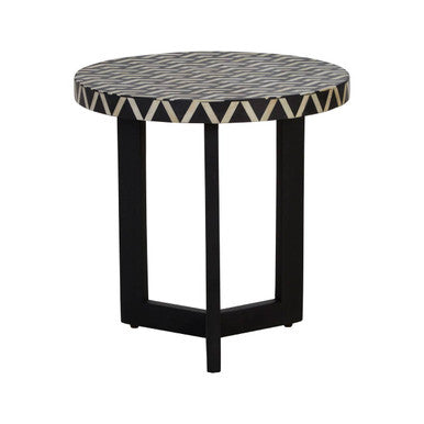 Black and White Top Bone Inlay Side Table with Black 3 Cross-Leg Base, Boho