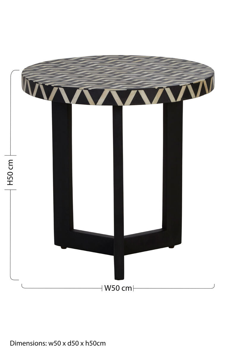 Black and White Top Bone Inlay Side Table with Black 3 Cross-Leg Base, Boho