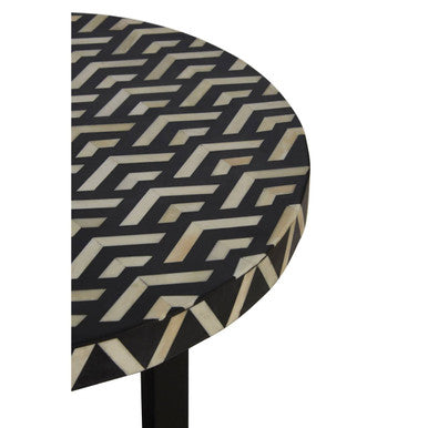 Black and White Top Bone Inlay Side Table with Black 3 Cross-Leg Base, Boho