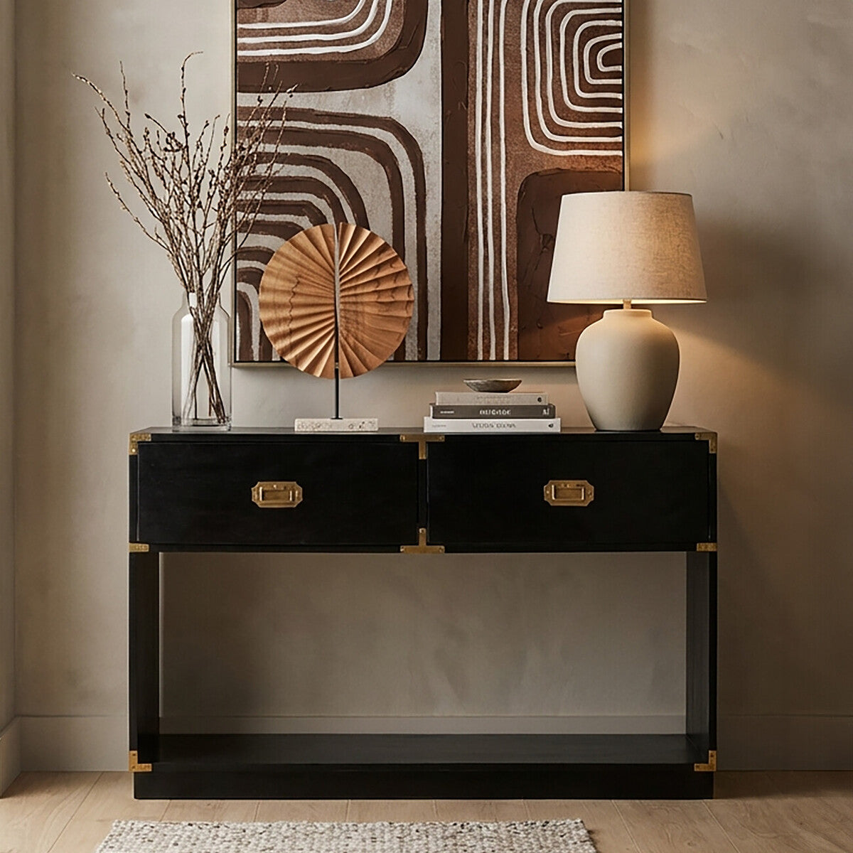 Black Mango Wood 2-Drawer Console Table with Gold-Tone Handles, Sarter