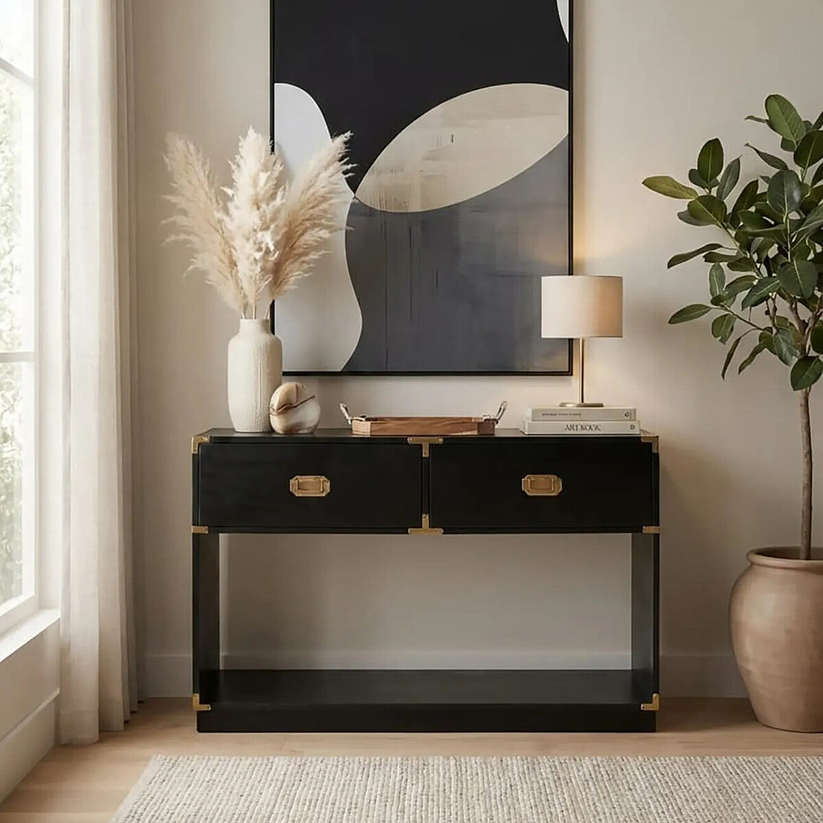 Black Mango Wood 2-Drawer Console Table with Gold-Tone Handles, Sarter