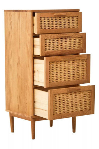 Lyon Rattan and Oak Wood Chest of Four Drawers