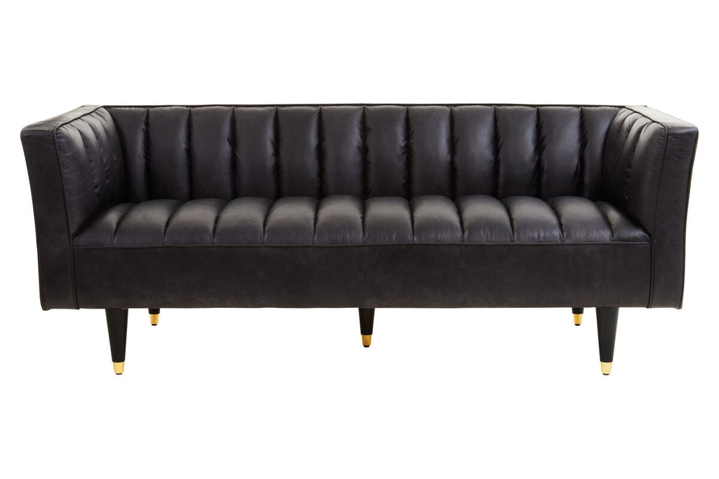 3 Seater Black Leather Sofa with Flared Arms, King