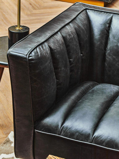 3 Seater Black Leather Sofa with Flared Arms, King