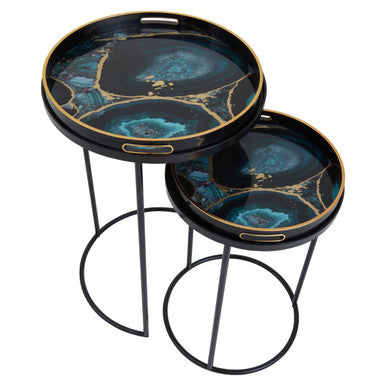Set of Two Round Nesting Tables with Multicolour Agate Effect Tray Tops and Black Metal Frames, Celina