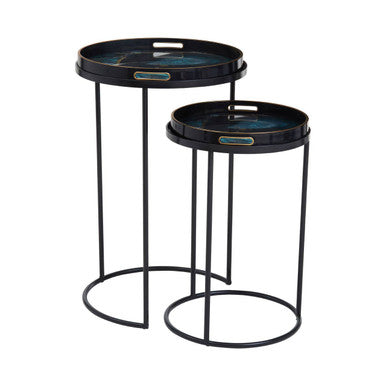 Set of Two Round Nesting Tables with Multicolour Agate Effect Tray Tops and Black Metal Frames, Celina