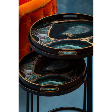 Set of Two Round Nesting Tables with Multicolour Agate Effect Tray Tops and Black Metal Frames, Celina