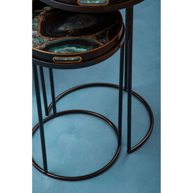 Set of Two Round Nesting Tables with Multicolour Agate Effect Tray Tops and Black Metal Frames, Celina