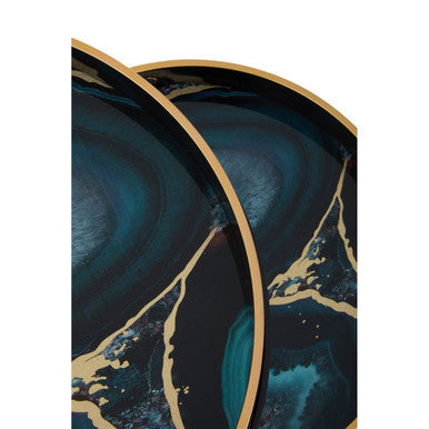 Set of Two Round Nesting Tables with Multicolour Agate Effect Tray Tops and Black Metal Frames, Celina