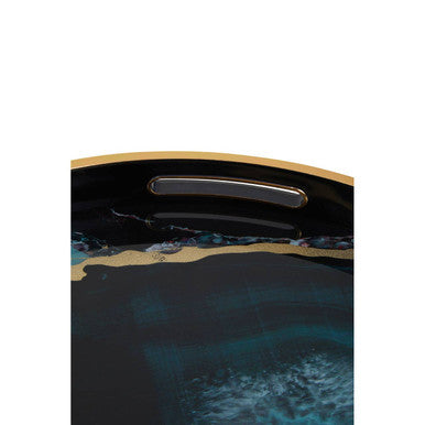 Set of Two Round Nesting Tables with Multicolour Agate Effect Tray Tops and Black Metal Frames, Celina