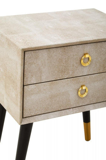 Natural Faux Shagreen Effect 2-Drawer Bedside Table with Gold Accents and Black Angular Legs, Cadio
