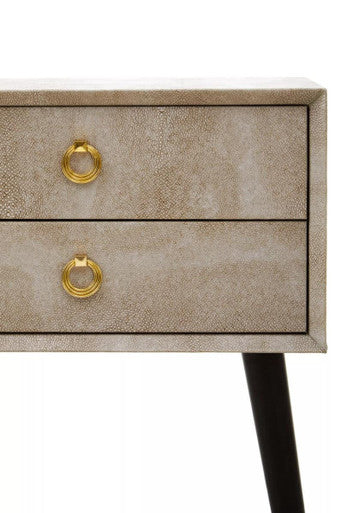 Natural Faux Shagreen Effect 2-Drawer Bedside Table with Gold Accents and Black Angular Legs, Cadio