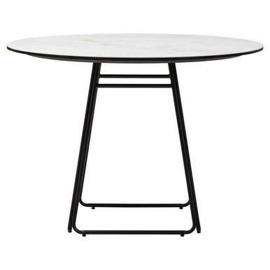 White Ceramic Marble Effect Round Top Dining Table with Black Metal Base, Imperia