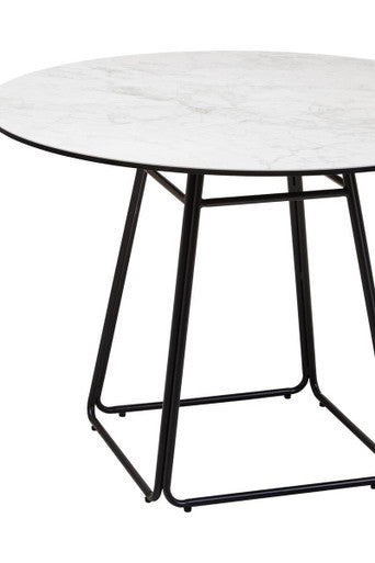 White Ceramic Marble Effect Round Top Dining Table with Black Metal Base, Imperia