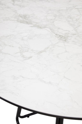 White Ceramic Marble Effect Round Top Dining Table with Black Metal Base, Imperia