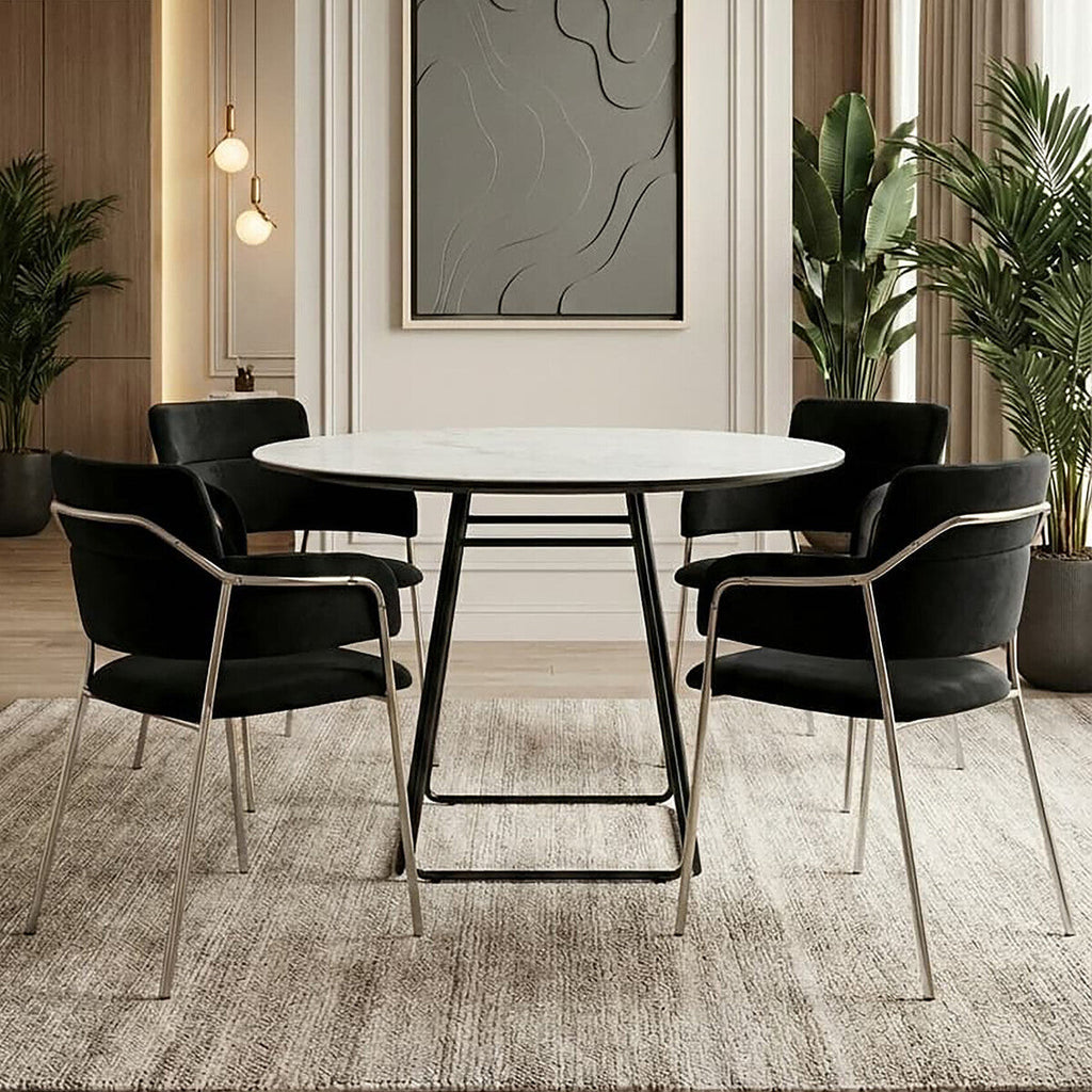 White Ceramic Marble Effect Round Top Dining Table with Black Metal Base, Imperia