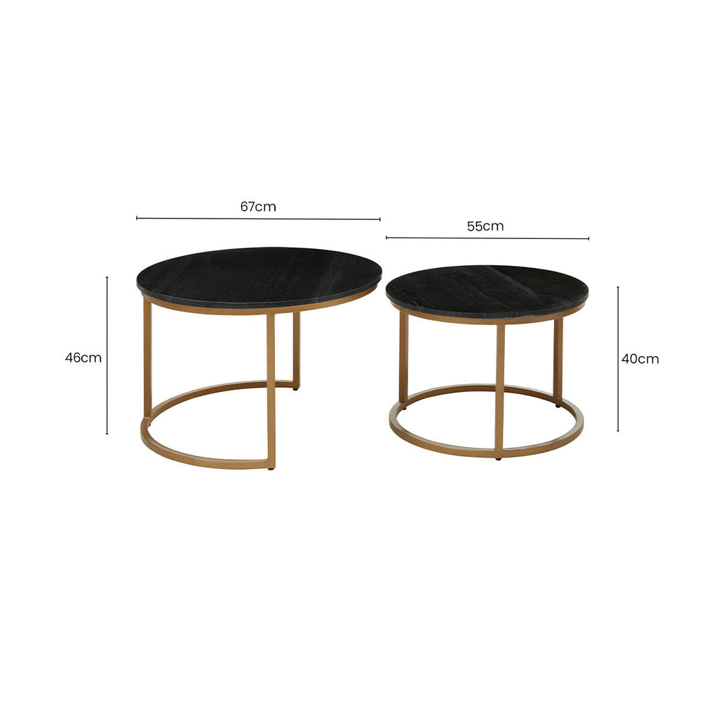 Nest of 2 Black Round Marble Top Tables with Gold Finish Metal Frames, Varana