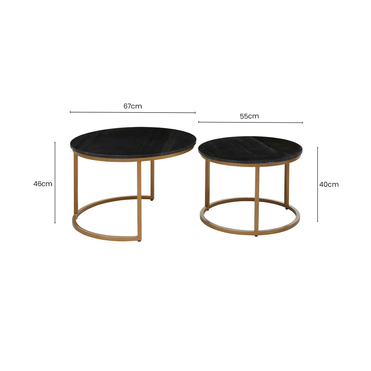 Nest of 2 Black Round Marble Top Tables with Gold Finish Metal Frames, Varana