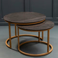 Nest of 2 Black Round Marble Top Tables with Gold Finish Metal Frames, Varana