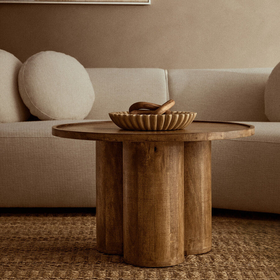 Natural Mango Wood Coffee Table with Column Base and Rounded Top, Walsa