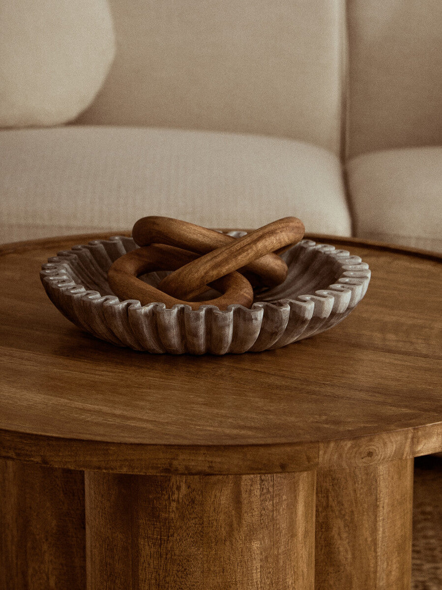 Natural Mango Wood Coffee Table with Column Base and Rounded Top, Walsa