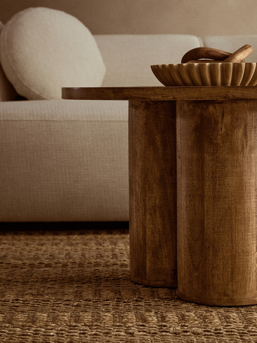 Natural Mango Wood Coffee Table with Column Base and Rounded Top, Walsa