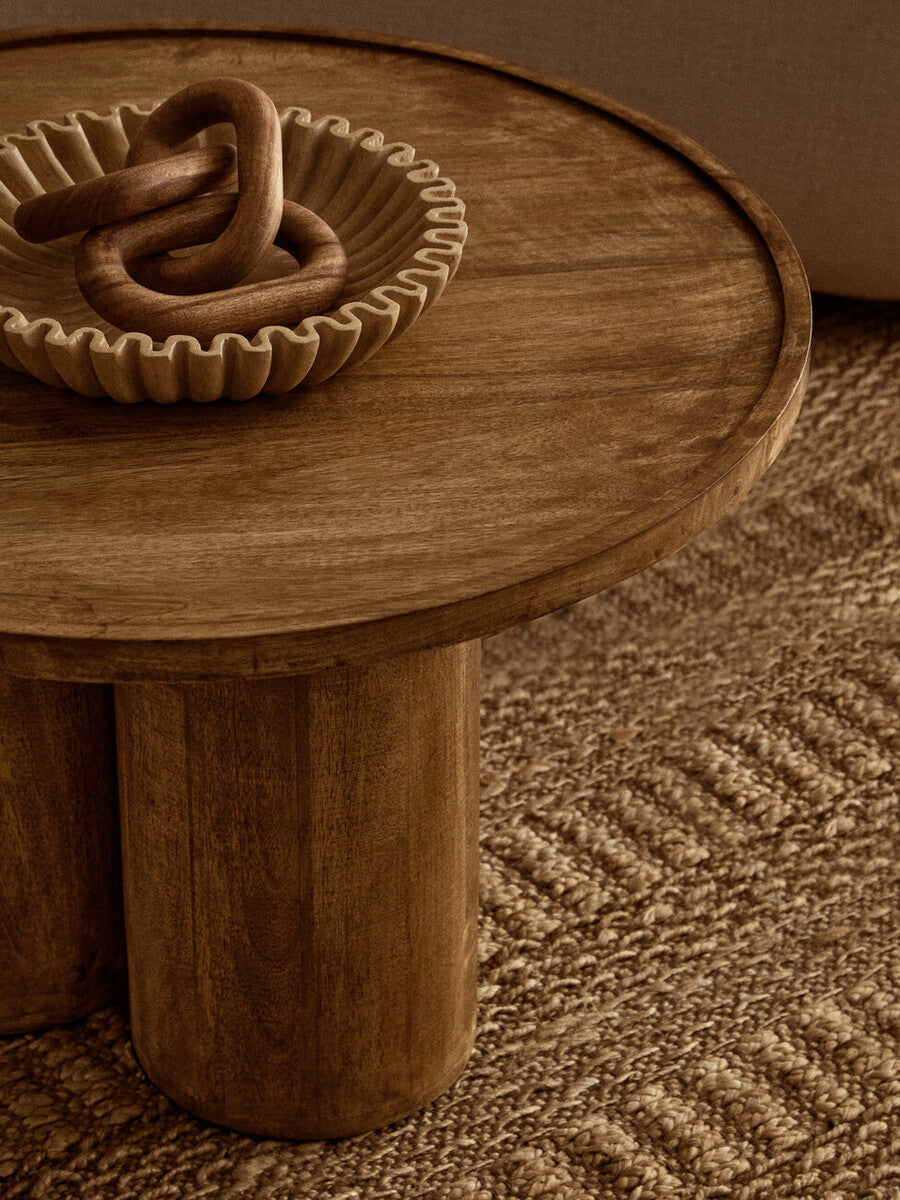 Natural Mango Wood Coffee Table with Column Base and Rounded Top, Walsa