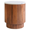 Brown Mango Wood Carved Side Table with White Marble Top, Torcino