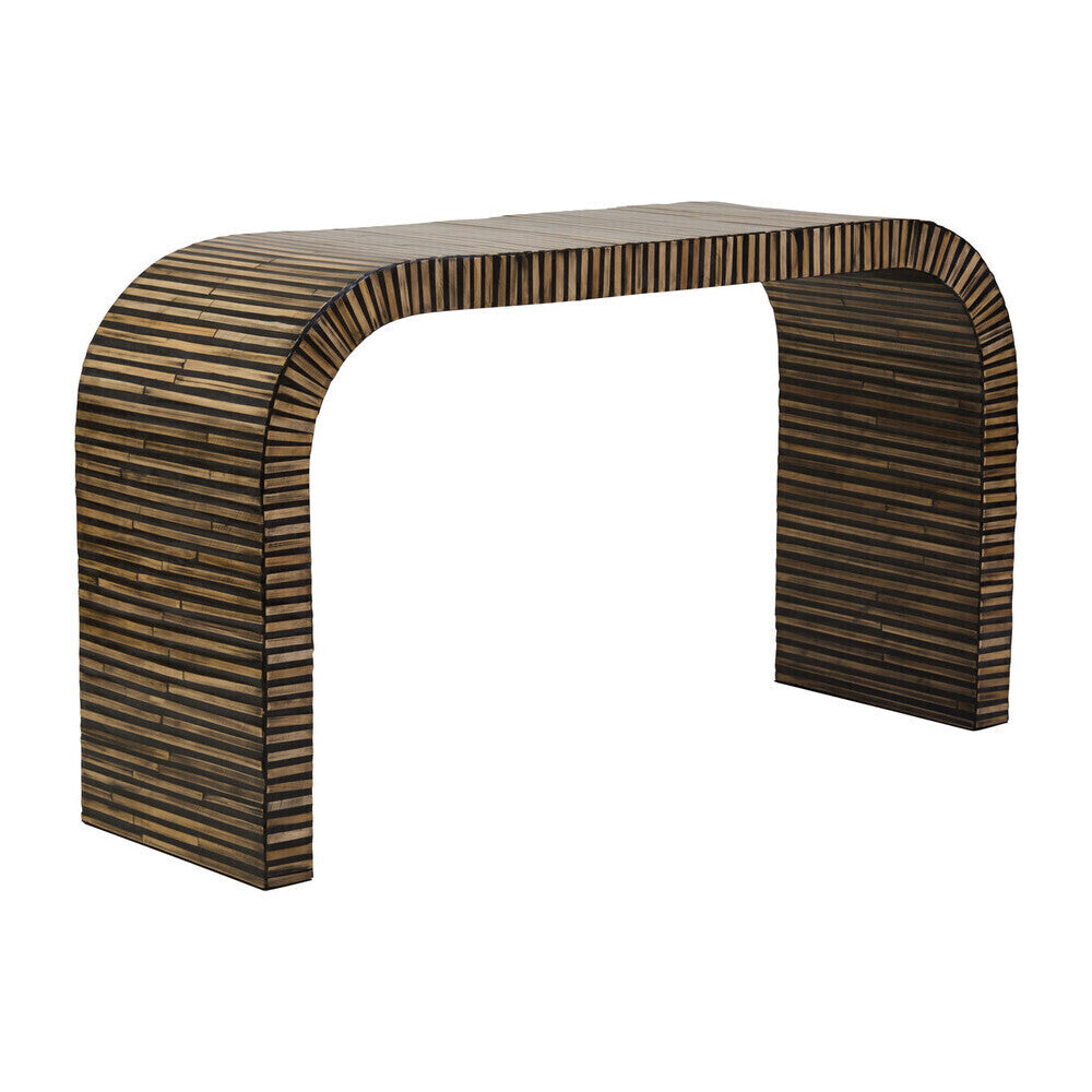 Natural Bamboo Inlay Curved Console Table with Sculptural Striped Design, Bambusa