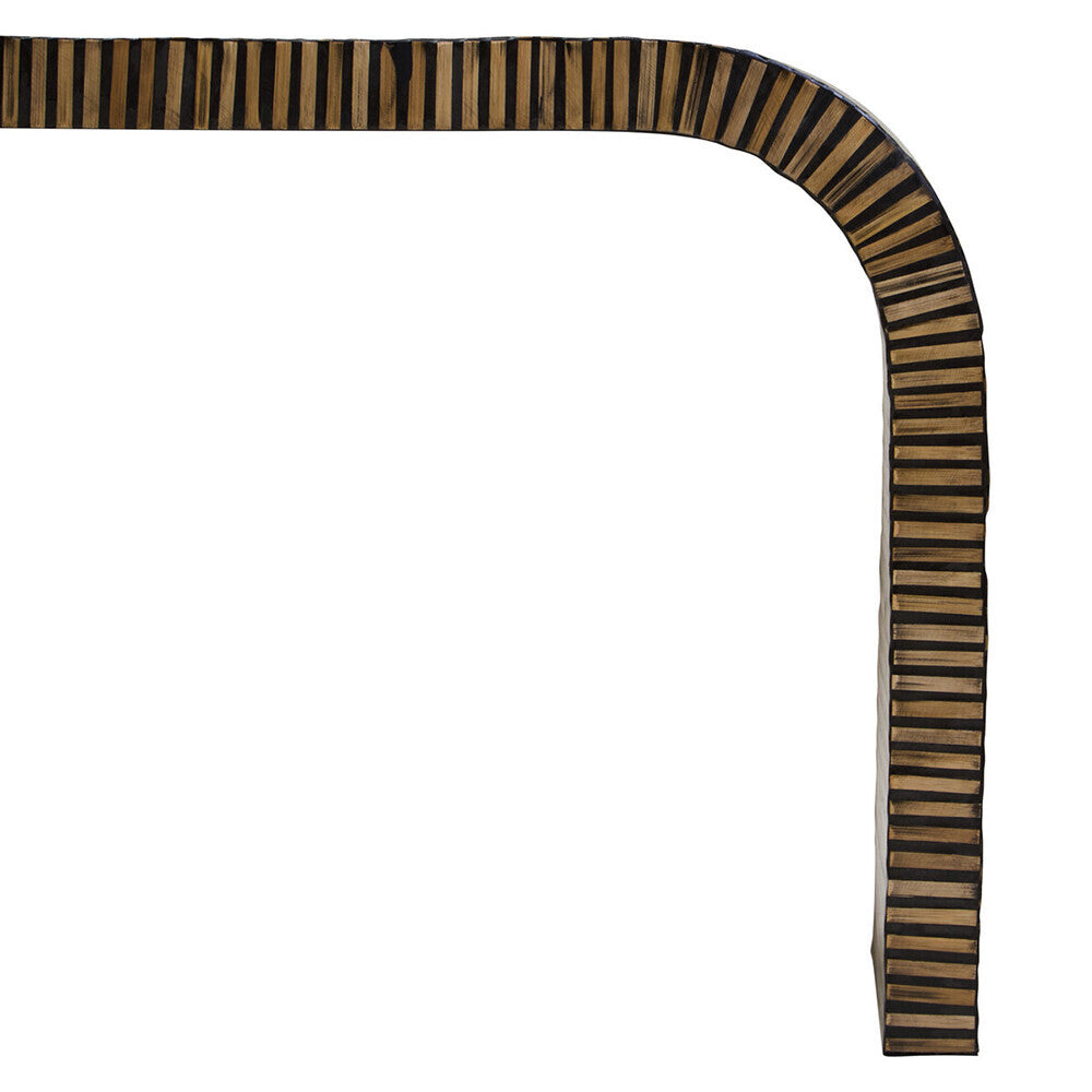 Natural Bamboo Inlay Curved Console Table with Sculptural Striped Design, Bambusa