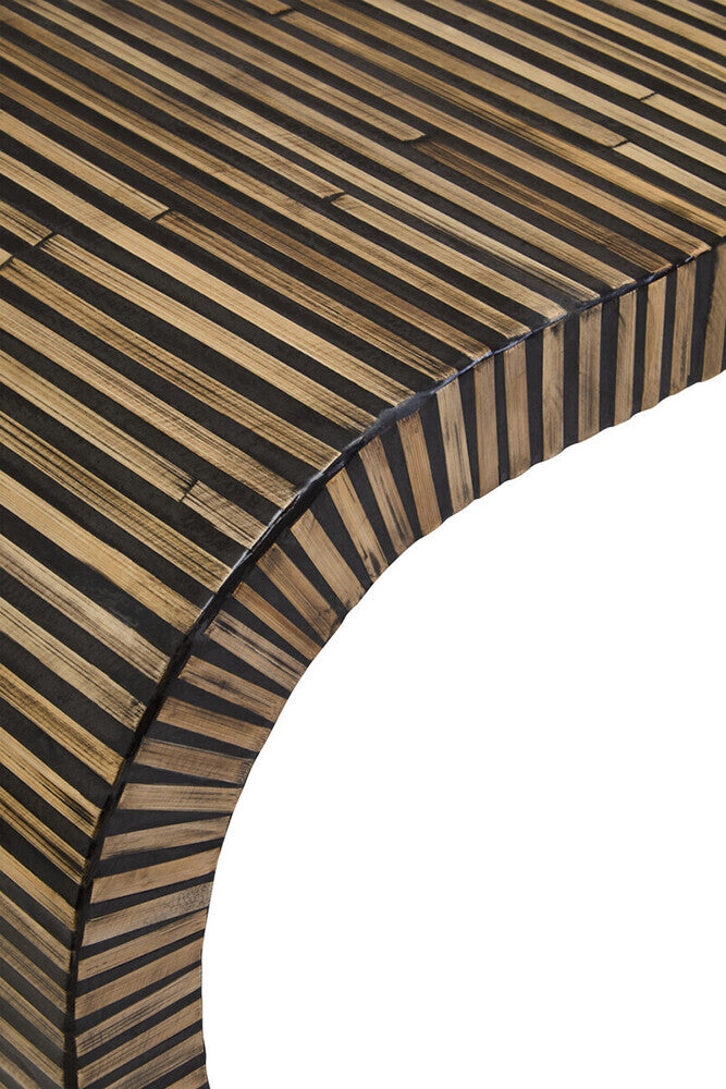 Natural Bamboo Inlay Curved Console Table with Sculptural Striped Design, Bambusa
