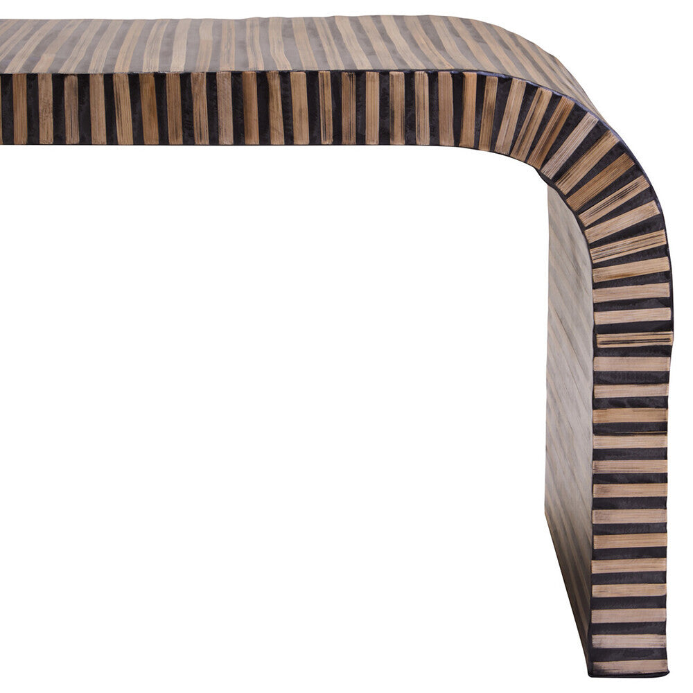 Natural Finish Curved Coffee Table with Striped Bamboo Inlay, Bambusa