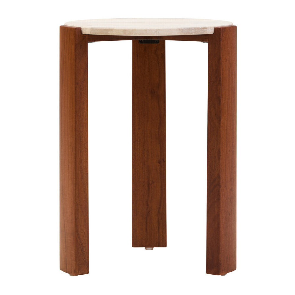 Cream Travertine Top Round Side Table with Natural Brown Acacia Wood Base, Palermo