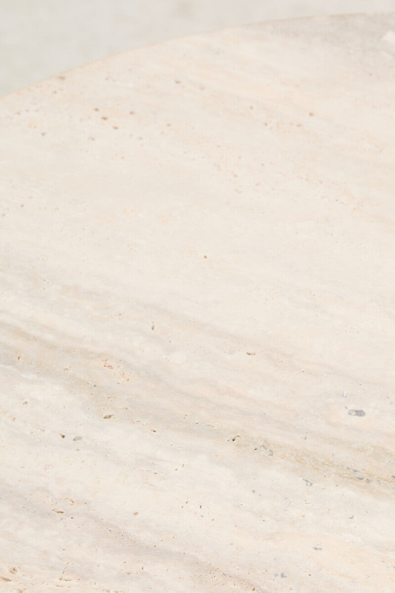 Cream Travertine Top Round Side Table with Natural Brown Acacia Wood Base, Palermo