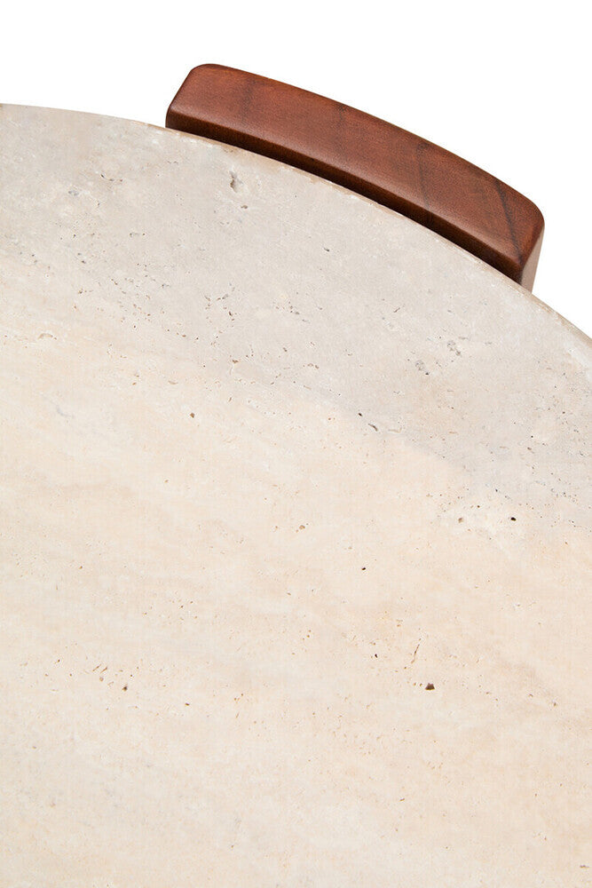 Cream Travertine Top Round Side Table with Natural Brown Acacia Wood Base, Palermo