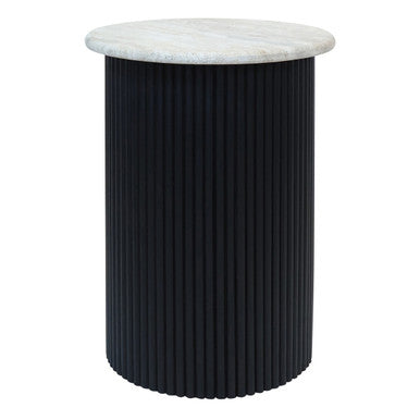 Cream Polished Travertine Top Side Table with Ridged Black Acacia Wood Cylindrical Base, Walton
