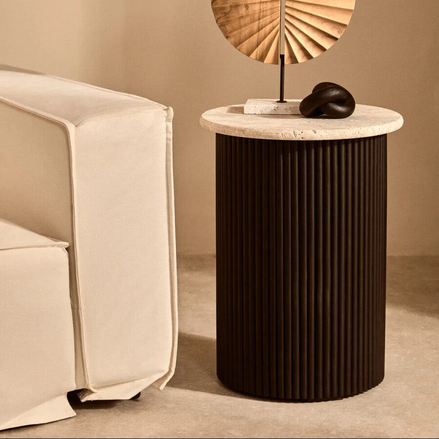 Cream Polished Travertine Top Side Table with Ridged Black Acacia Wood Cylindrical Base, Walton