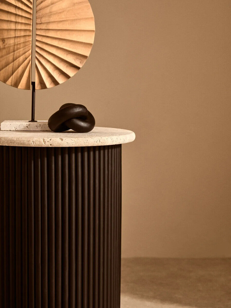 Cream Polished Travertine Top Side Table with Ridged Black Acacia Wood Cylindrical Base, Walton